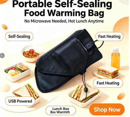 Self-sealing food heating bag USB powered for steady gentle heating of packed meals suitable for travel picnic and daily