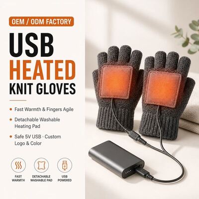 دستکش بافتنی گرم شونده USB، دستکش زمستانی بدون انگشت 5 ولتی با پد گرم کننده جداشونده ولکرو، گرمای ثابت 40-50 درجه سانتیگراد، محافظت در برابر گرمای بیش از حد، CE FCC RoHS، رنگ و بسته بندی سفارشی