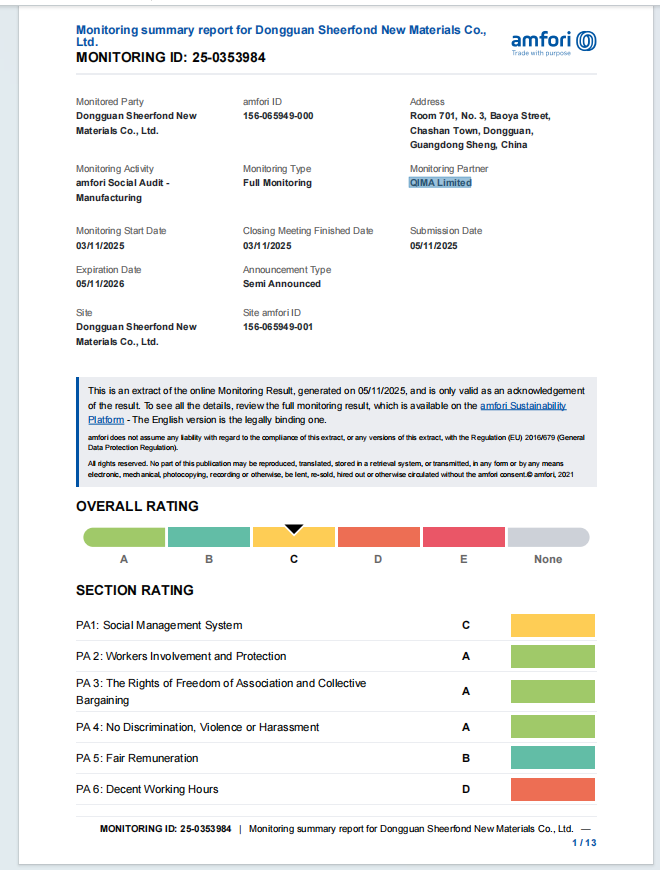 چین Dongguan Sheerfond New Materials Co., Ltd. گواهینامه ها
